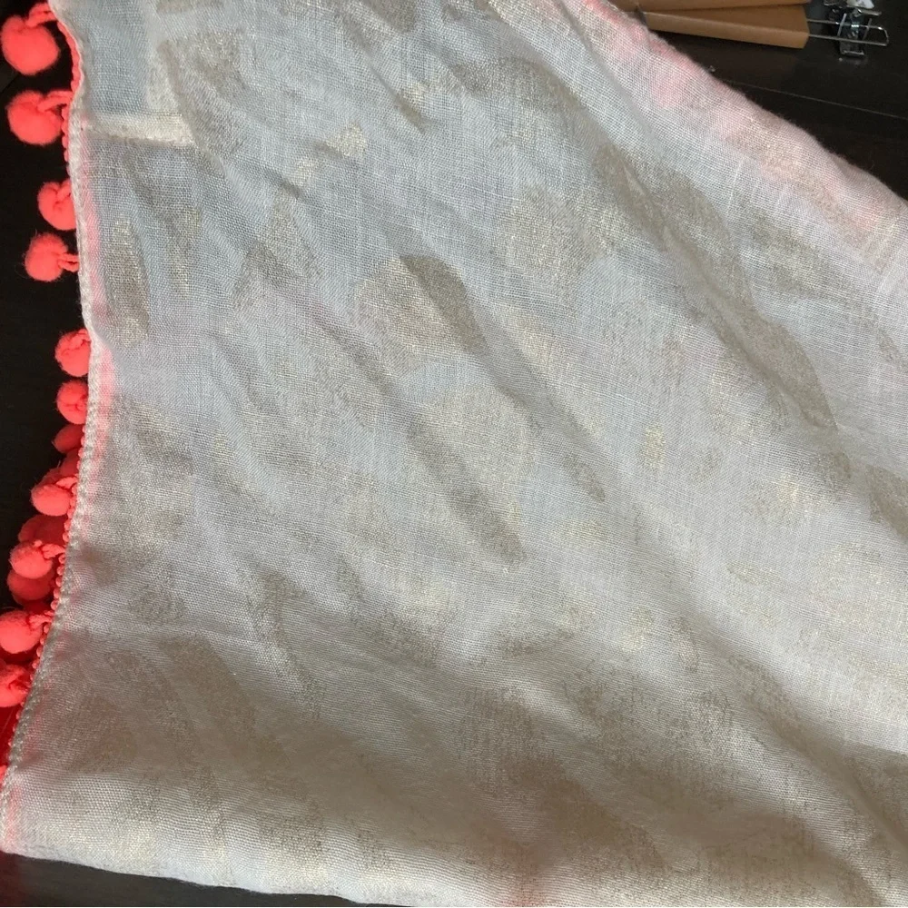NWT Hollister Cream Square Light Scarf with Neon Pink Pom Poms